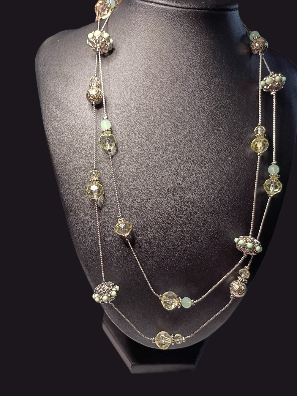 Delicate Multi-Bead Long Necklace in Pale Yellow and Mint - Women Jewelry